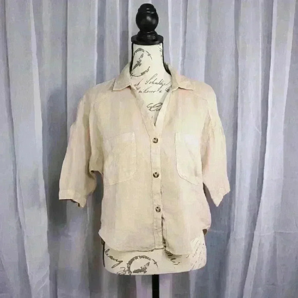 Women's ZARA 100% Linen tan short sleeve button down pockets front shirt size M - Picture 1 of 16